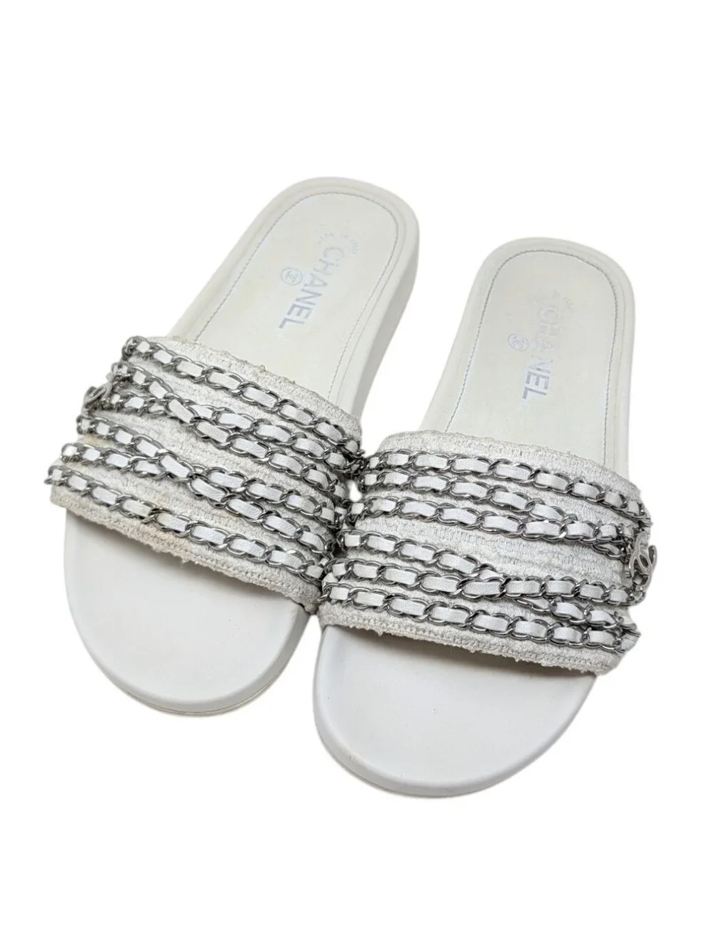 Chanel White Tweed Silver Chain Interlocking CC Charm Slide Sandals Size EU 39